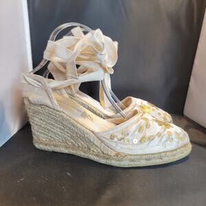 Montego Bay Club size 10W womens Espadrille Heels Cream Satin ankle tie sequins